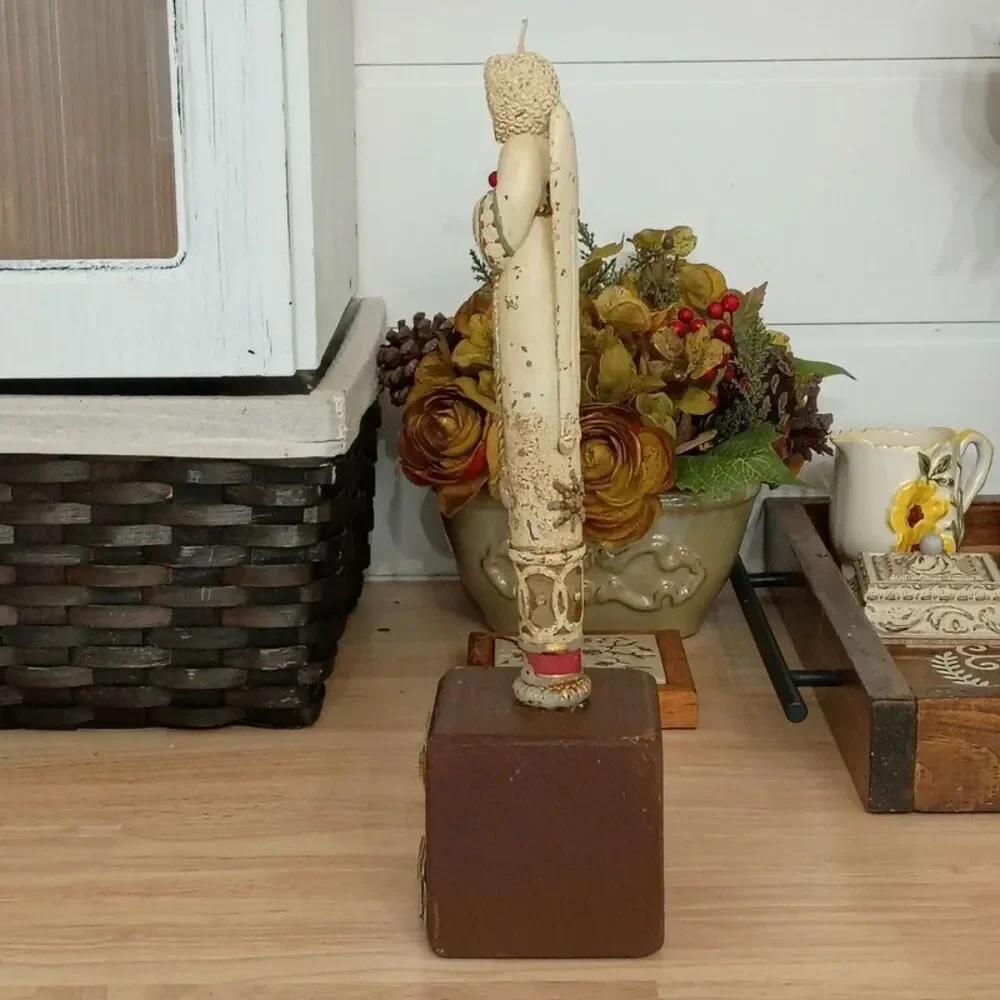 Vintage Carved Winter Angel Candle on Wooden Candlestick Holder Decoration